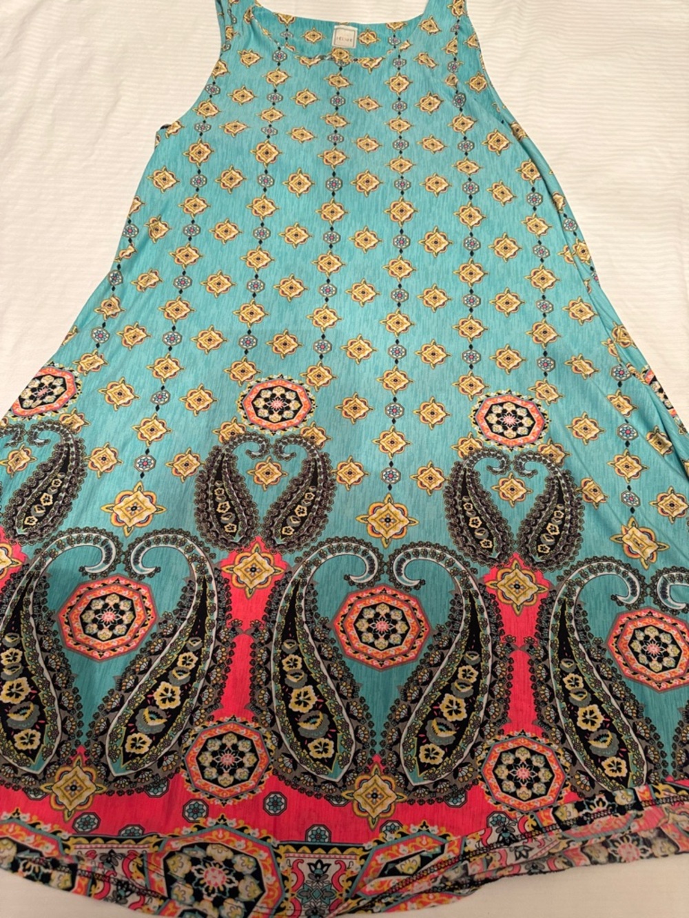 Sleeveless Maxi Dress with pockets in Teal with Coral/Hot Pink Paisley Border